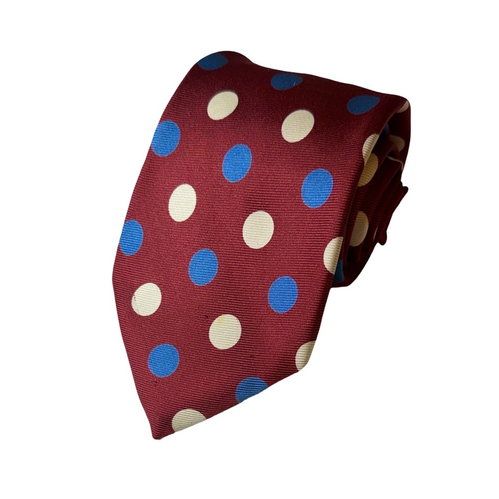 Turnbull & Asser mens wine red blue polka dot pattern 100% silk vintage tie